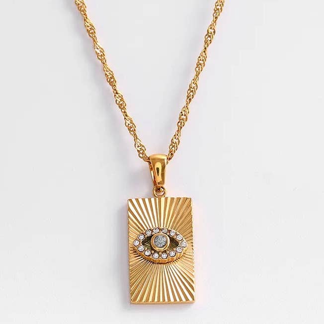 Evil Eye Talisman Tag Pendenat 14K Gold Steel Necklace