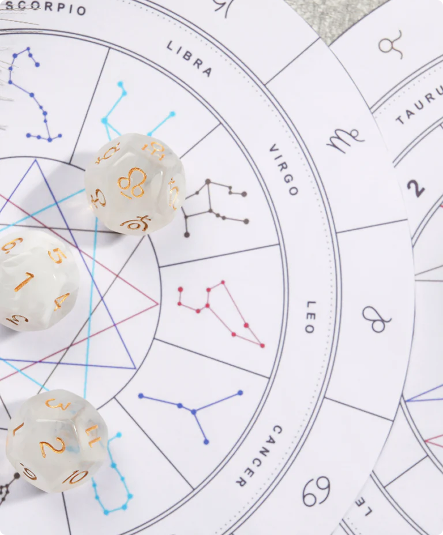 Dice with astrological symbols on a zodiac wheel