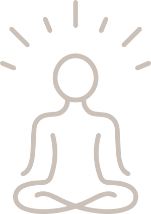 Outline of a person meditating with radiating lines on a white background
