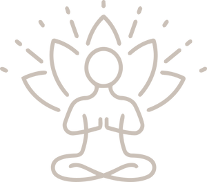 Outline of a person in a meditative pose with a lotus flower symbol on a white background