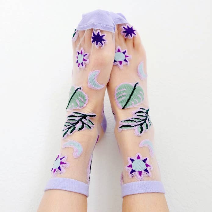 Embroidered Mesh Socks - Star, Moons, Flower Unique Socks