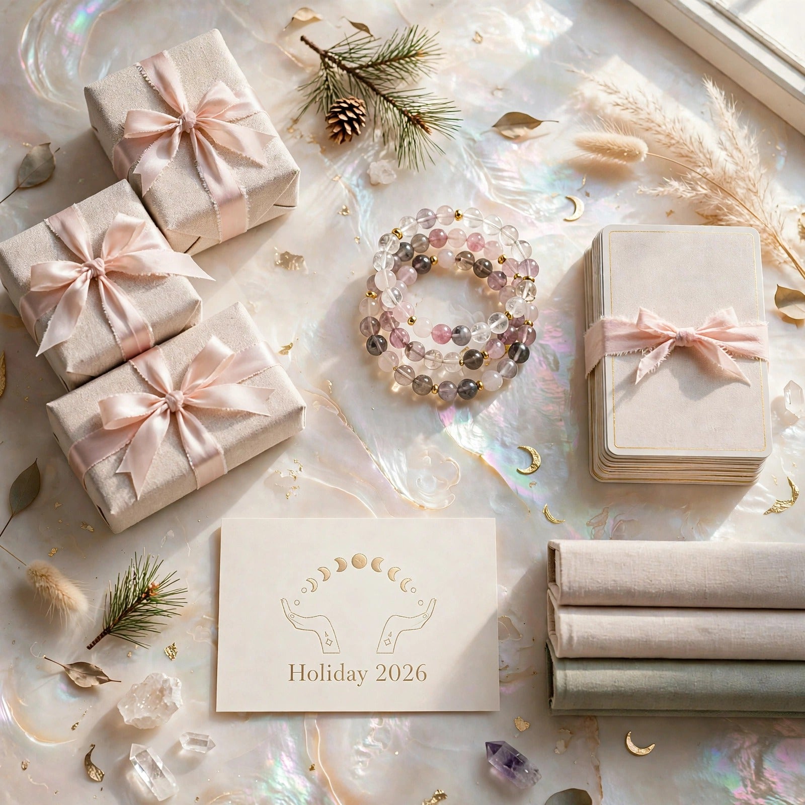 Moon Flower Reiki holiday gift table with curated boxes, crystal bracelets, oracle deck, books and gift card